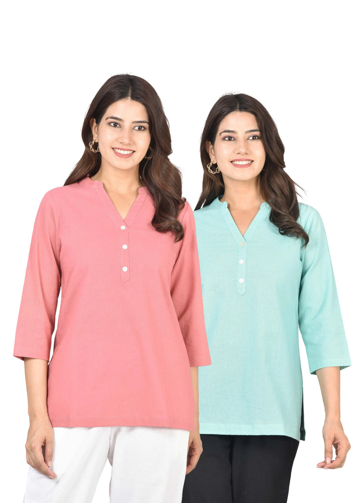 Airy Linen Short Kurti Combo- Peach Blossom & Turquoise