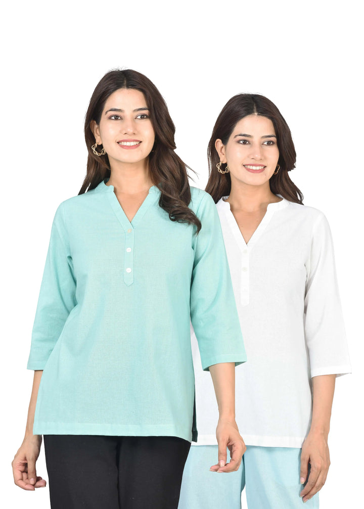 Airy Linen Short Kurti Combo- Turquoise & White