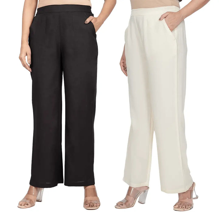 Viscose Palazzo Pants Combo - Black & Cream (Pack of 2)