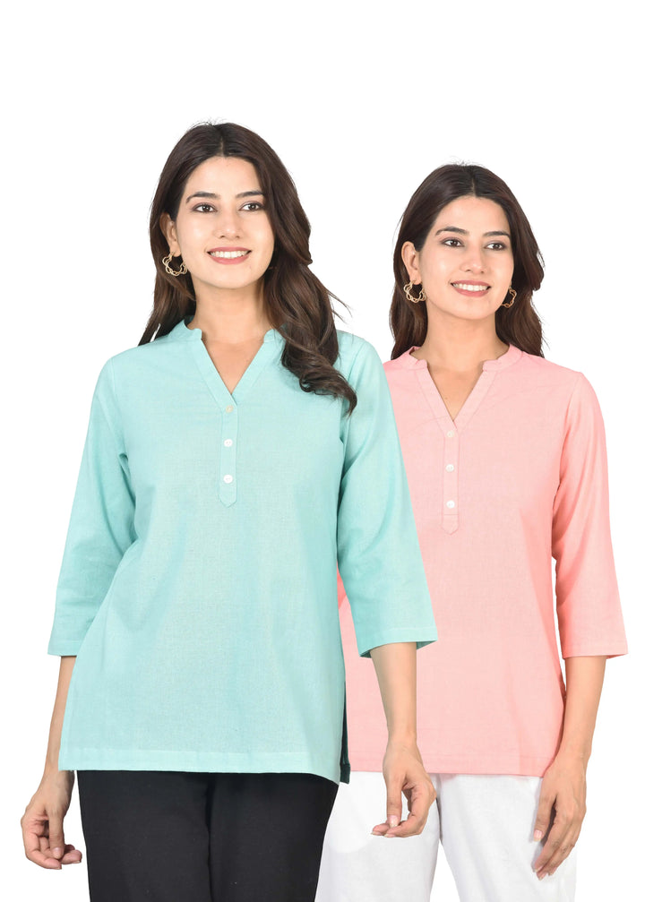 Airy Linen Short Kurti Combo- Turquoise & Peach