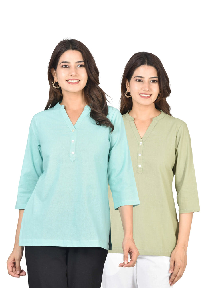 Airy Linen Short Kurti Combo- Turquoise & Sage Green