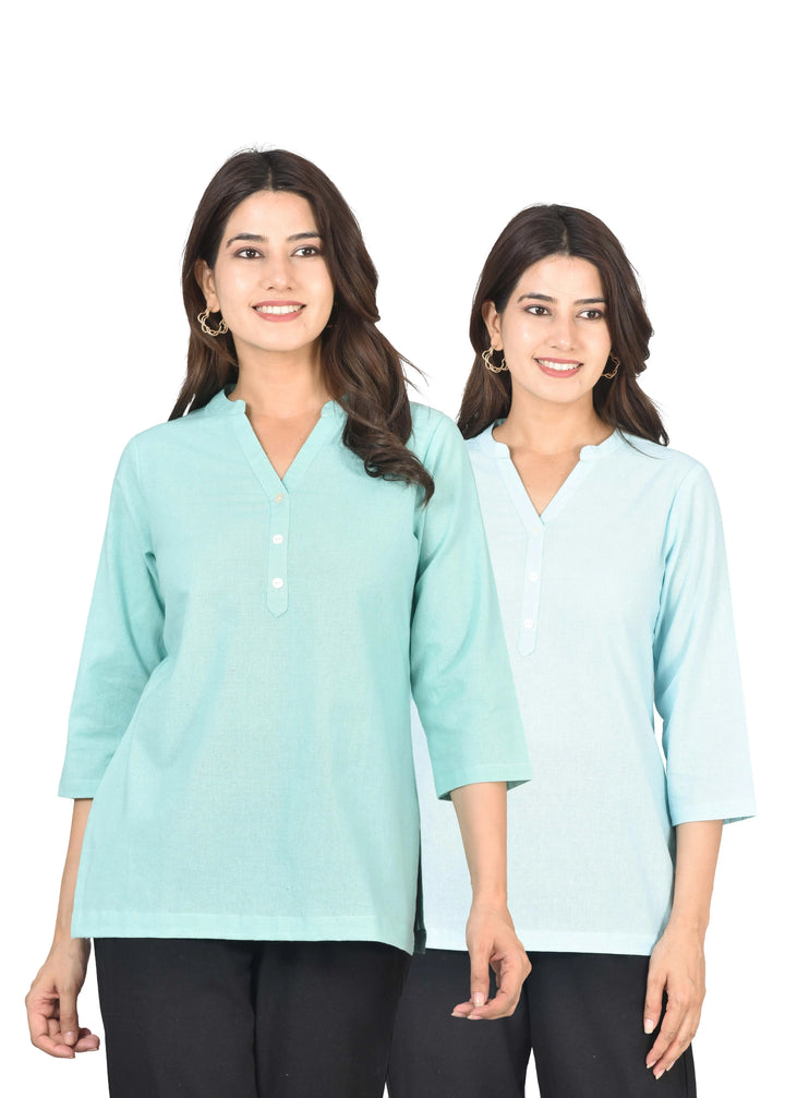 Airy Linen Short Kurti Combo- Turquoise & Sky