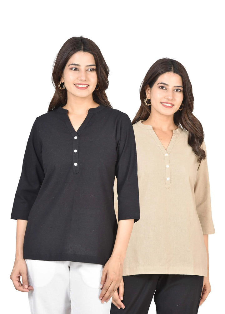 Airy Linen Short Kurti Combo- Black & Beige