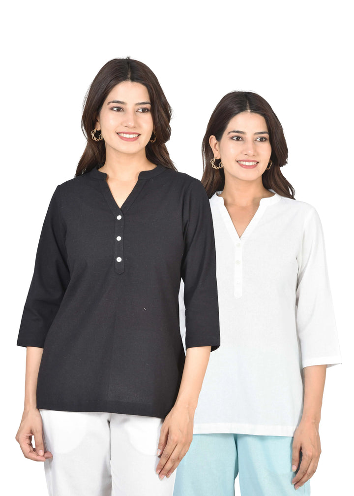 Airy Linen Short Kurti Combo- Black & White