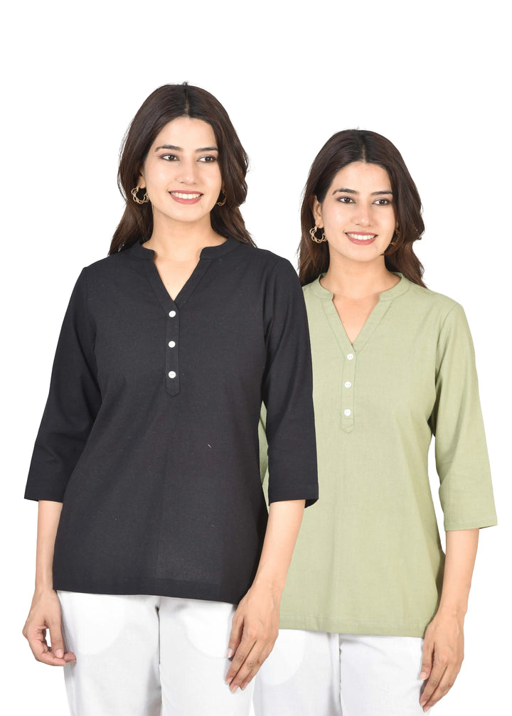 Airy Linen Short Kurti Combo- Black & Sage Green