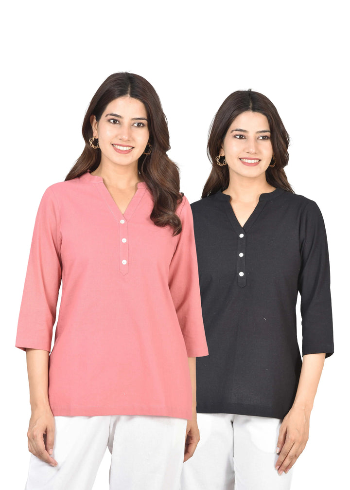 Airy Linen Short Kurti Combo- Peach Blossom & Black