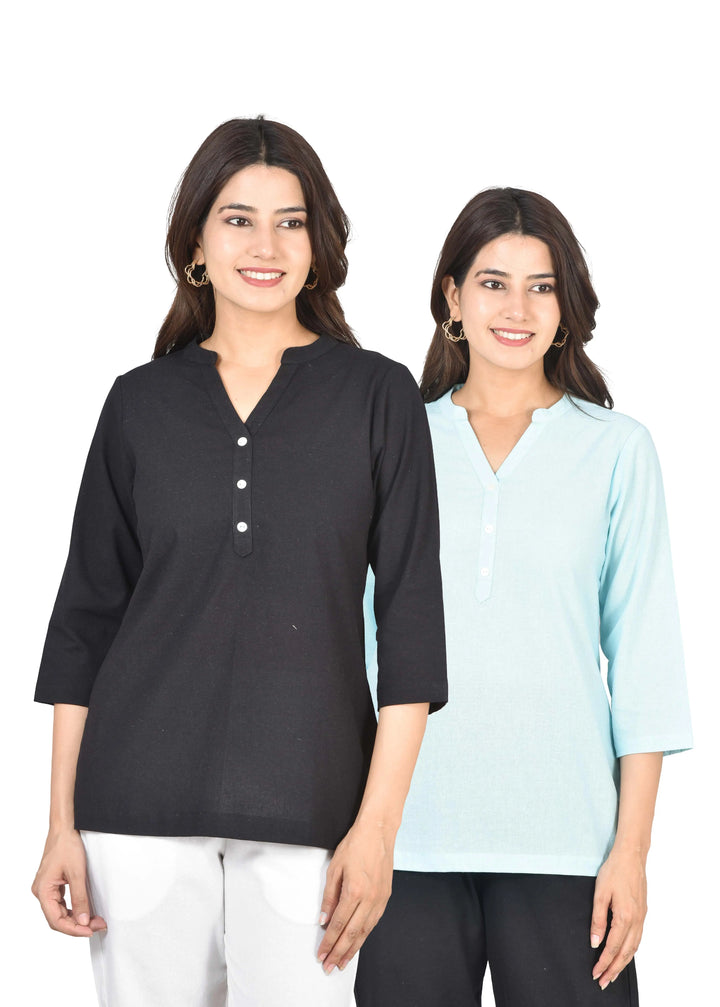 Airy Linen Short Kurti Combo- Black & Sky