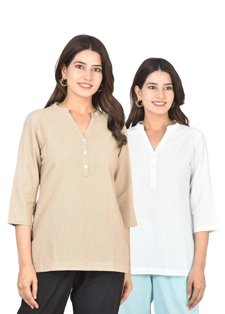 Airy Linen Short Kurti Combo- Beige & White