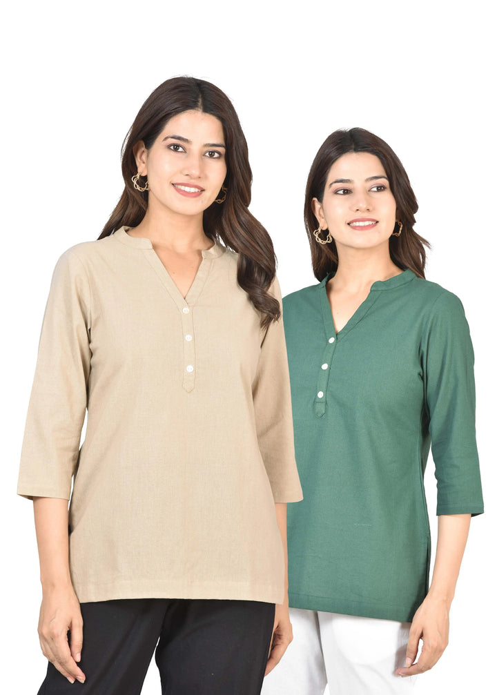Airy Linen Short Kurti Combo- Beige & Bottle Green