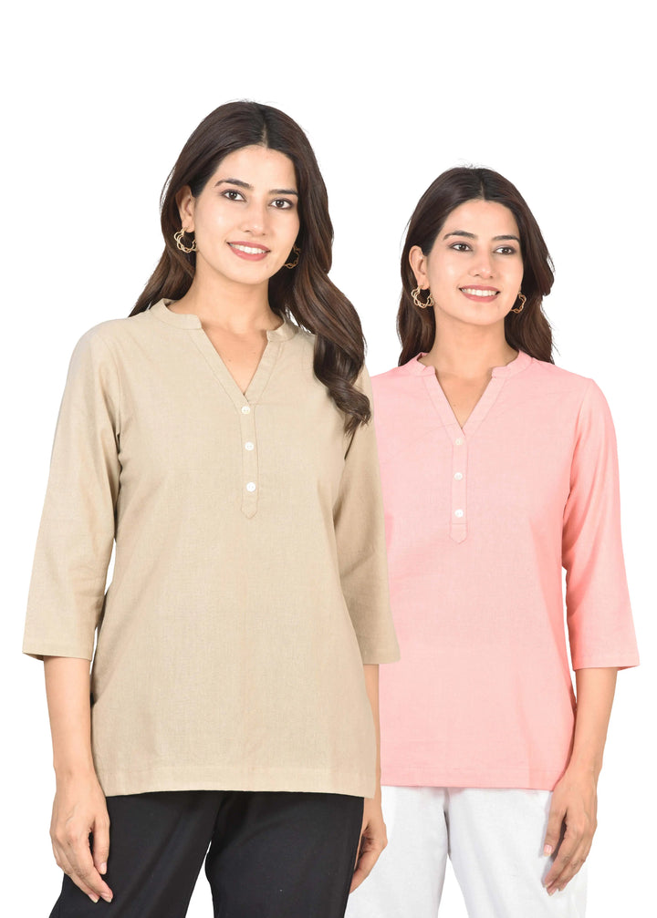 Airy Linen Short Kurti Combo- Beige & Peach