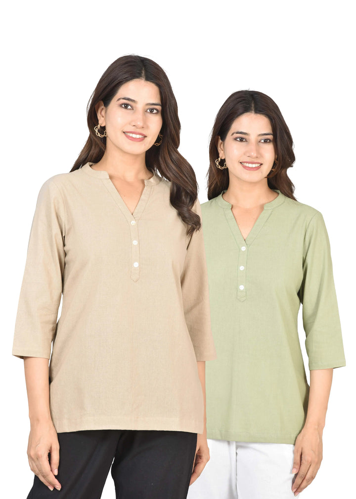 Airy Linen Short Kurti Combo- Beige & Sage Green