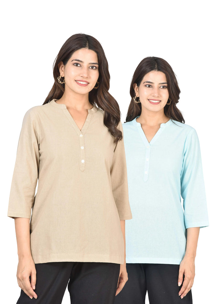 Airy Linen Short Kurti Combo- Beige & Sky