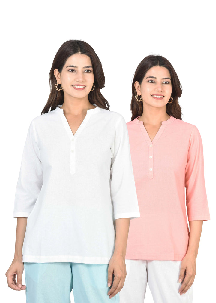 Airy Linen Short Kurti Combo- White & Peach