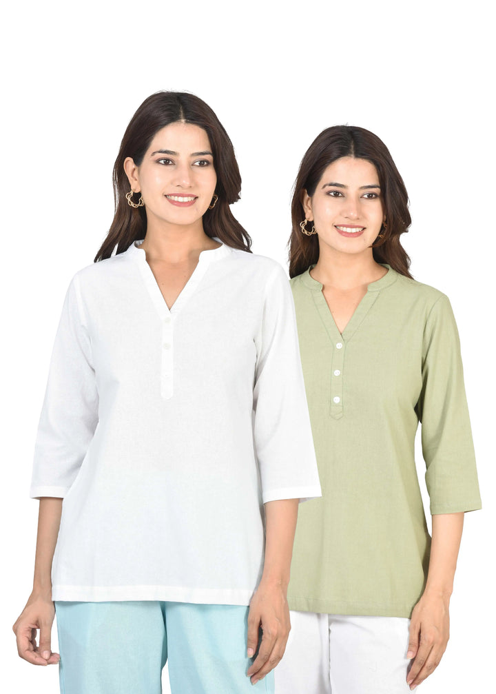 Airy Linen Short Kurti Combo- White & Sage Green
