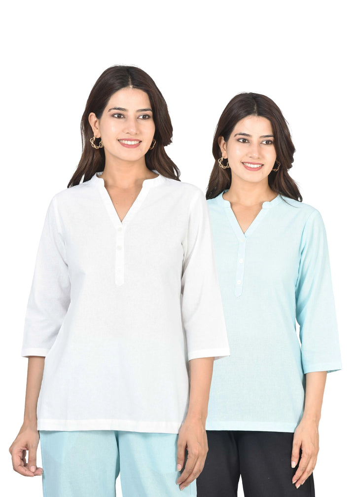 Airy Linen Short Kurti Combo- White & Sky