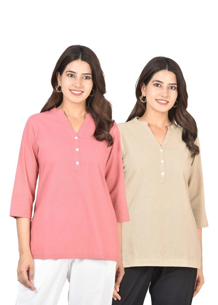 Airy Linen Short Kurti Combo- Peach Blossom & Beige