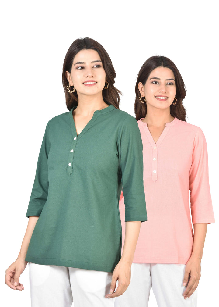 Airy Linen Short Kurti Combo- Bottle Green & Peach