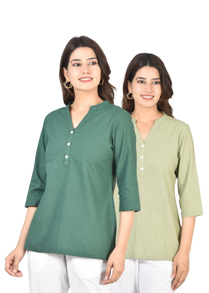 Airy Linen Short Kurti Combo- Bottle Green & Sage Green