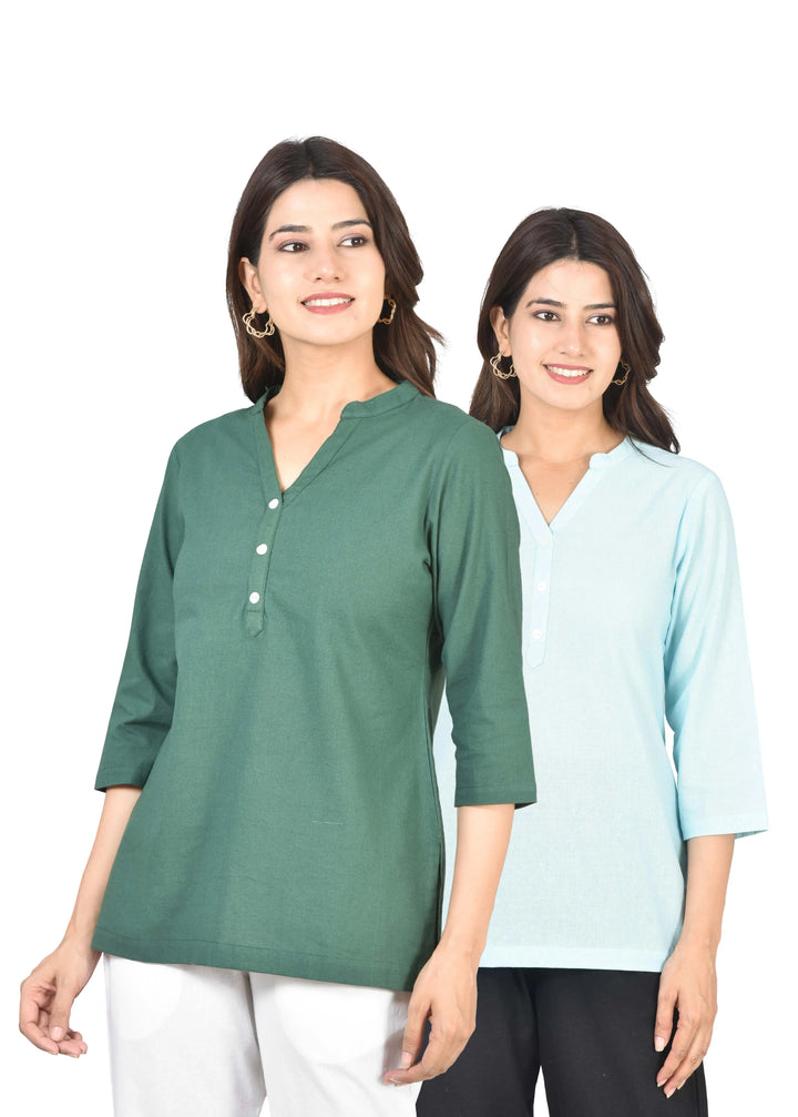 Airy Linen Short Kurti Combo- Bottle Green & Sky
