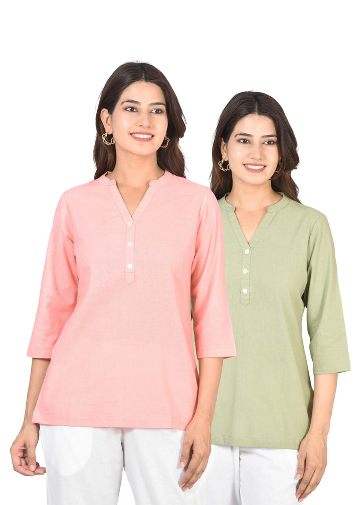 Airy Linen Short Kurti Combo- Peach & Sage Green