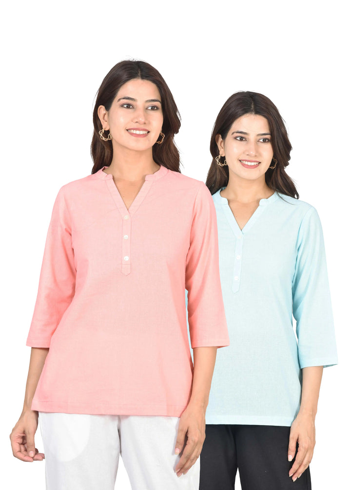 Airy Linen Short Kurti Combo- Peach & Sky