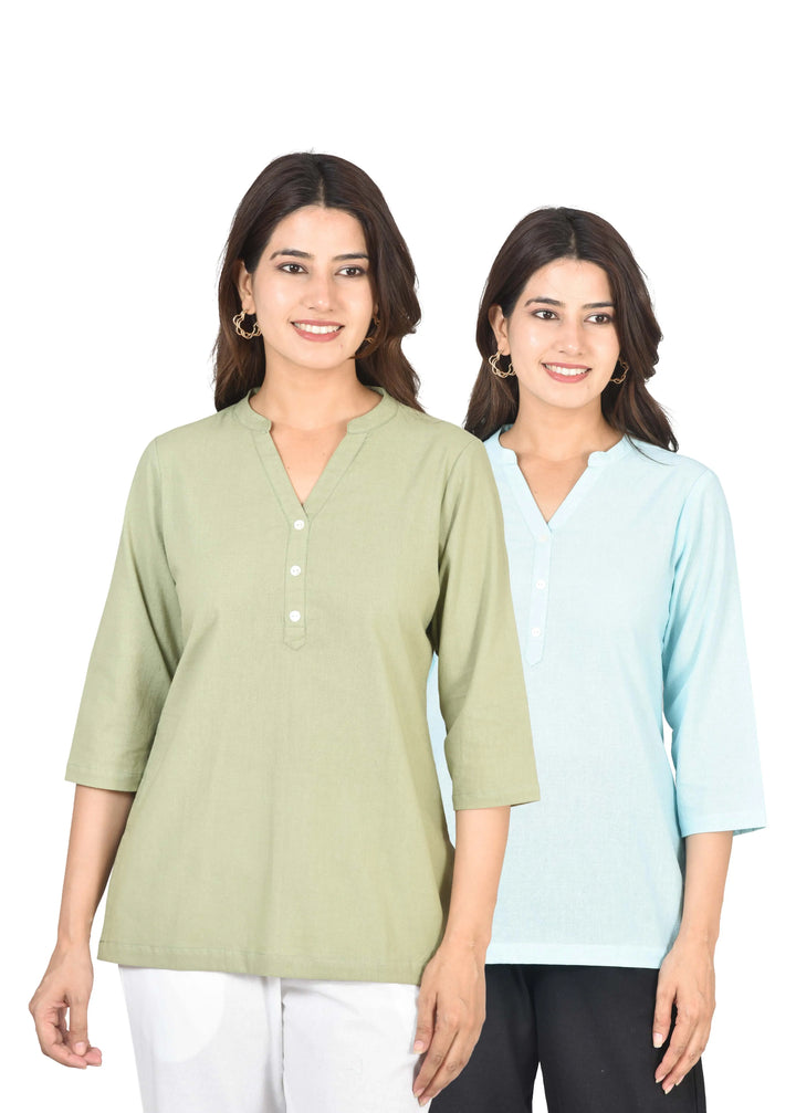 Airy Linen Short Kurti Combo- Sage Green & Sky