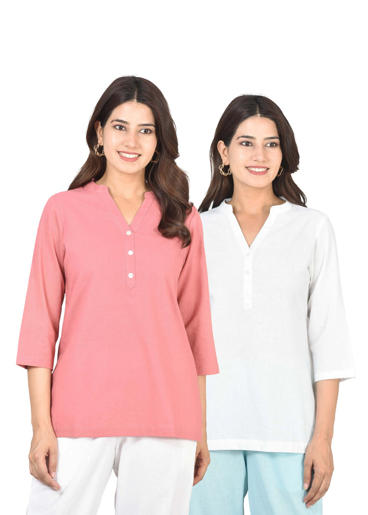 Airy Linen Short Kurti Combo- Peach Blossom & White