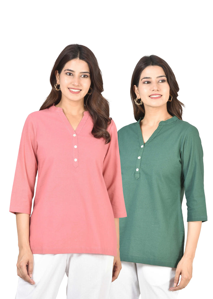 Airy Linen Short Kurti Combo- Peach Blossom & Bottle Green