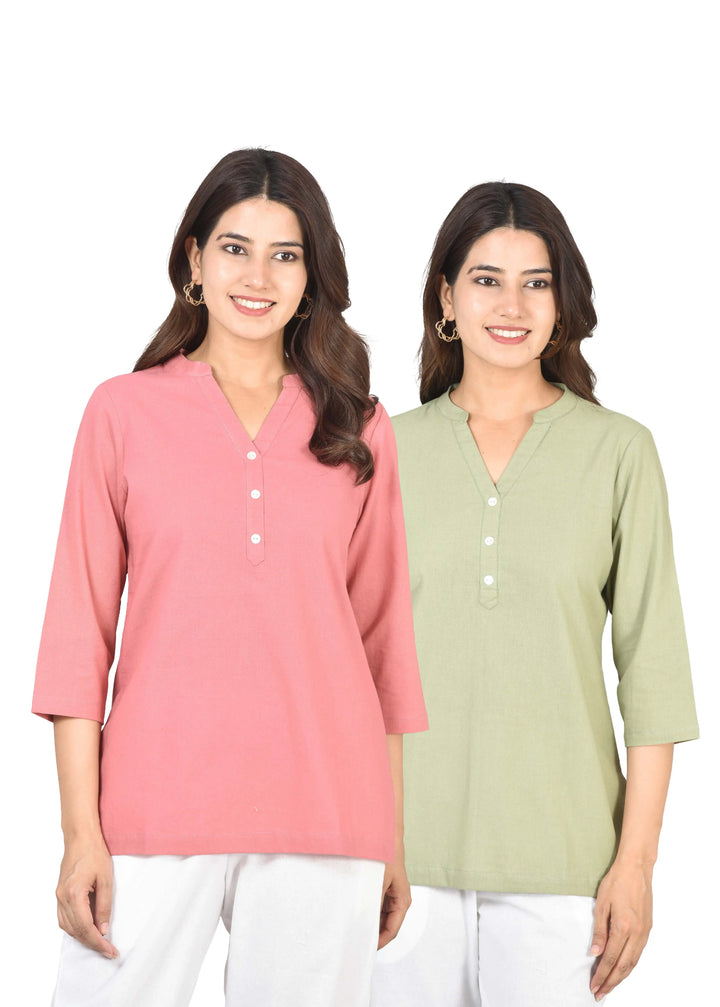Airy Linen Short Kurti Combo- Peach Blossom & Sage Green