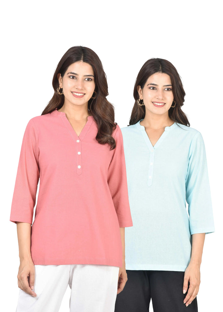 Airy Linen Short Kurti Combo- Peach Blossom & Sky