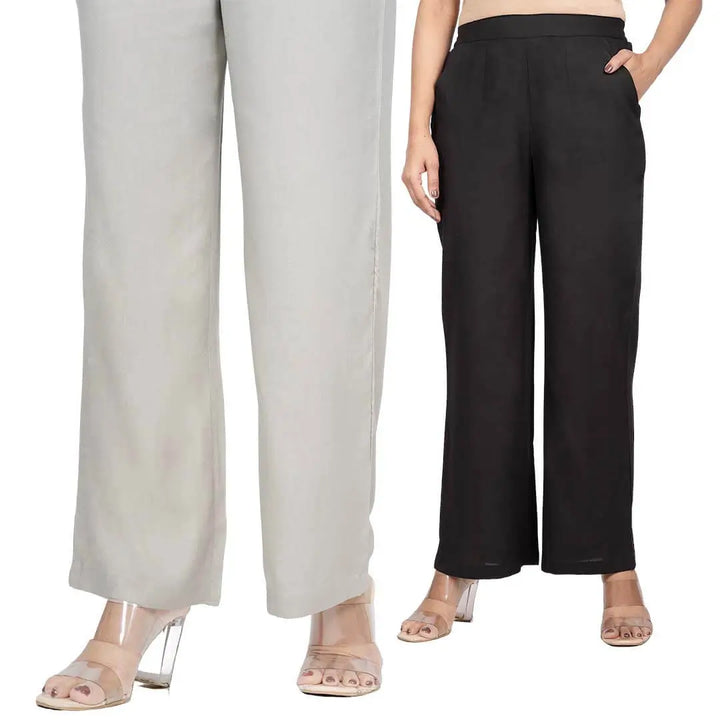 Viscose Palazzo Pants Combo - Grey & Black (Pack of 2)