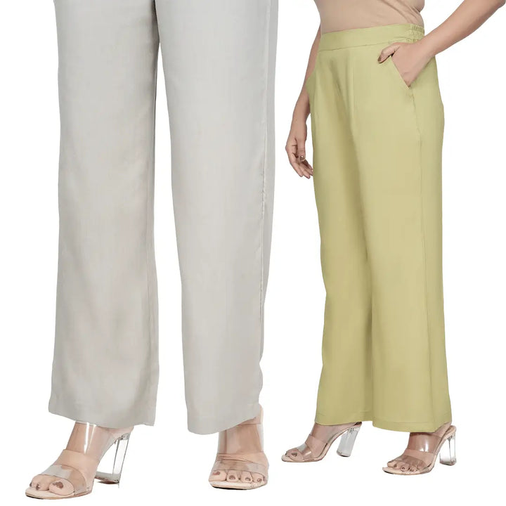 Viscose Palazzo Pants Combo - Grey & Olive Green (Pack of 2)