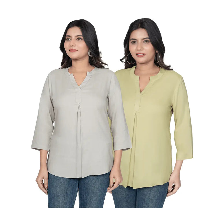 Viscose Pleated Top Combo – Grey & Olive Green (Pack of 2)