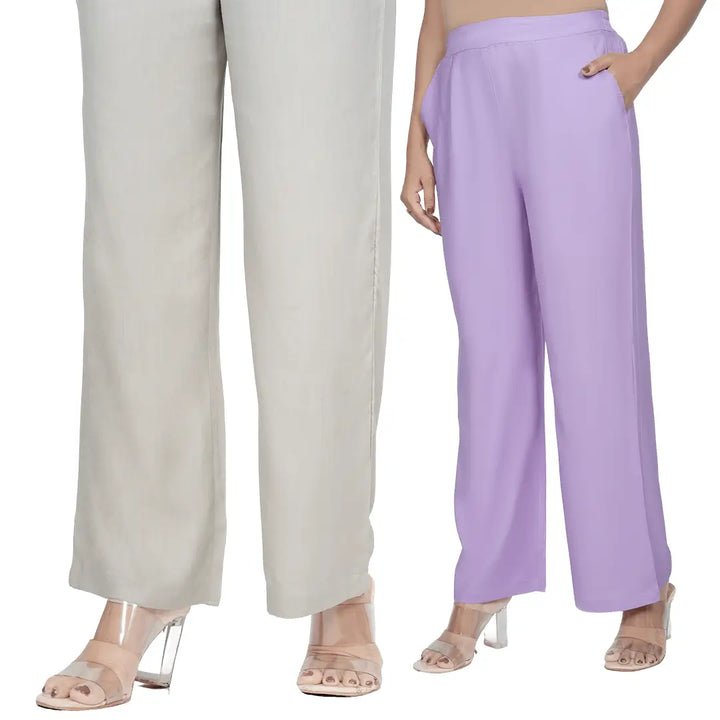 Viscose Palazzo Pants Combo - Grey & Lavender (Pack of 2)