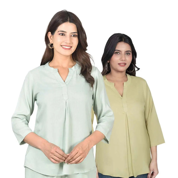Viscose Pleated Top Combo – Pista Green & Olive Green