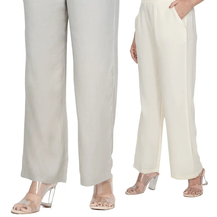 Viscose Palazzo Pants Combo - Grey & Cream (Pack of 2)