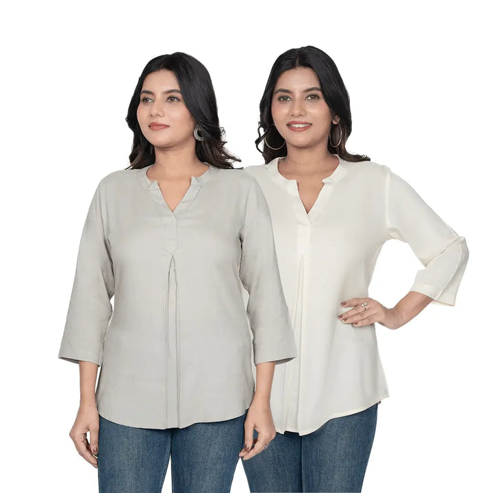 Viscose Pleated Top Combo – Grey & Cream  (Pack of 2)