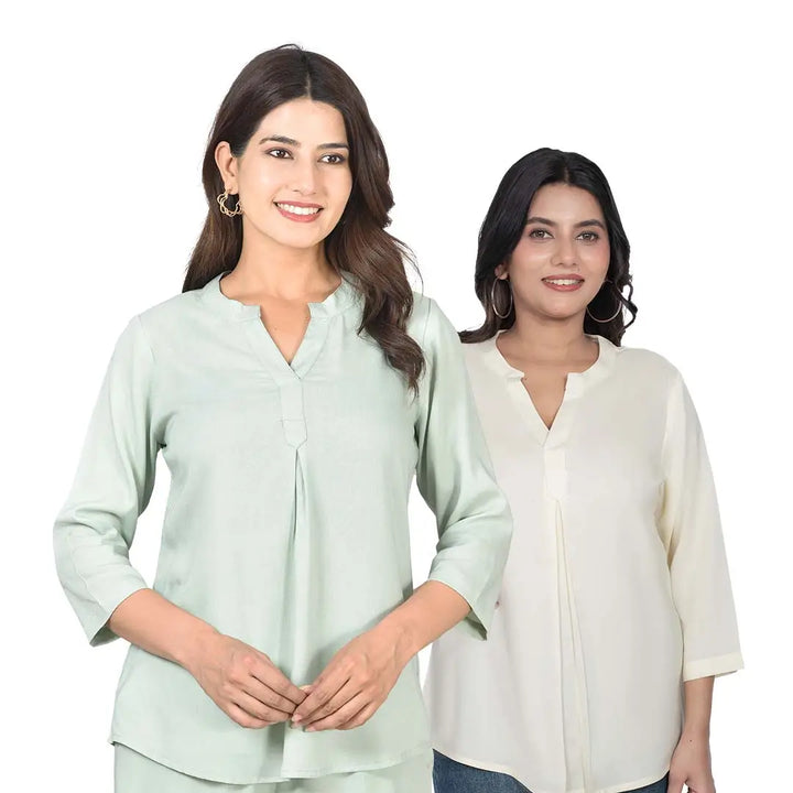 Viscose Pleated Top Combo – Pista Green & Cream