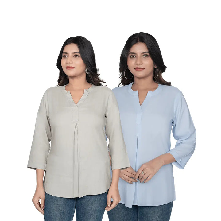 Viscose Pleated Top Combo – Grey & Powder Blue (Pack of 2)