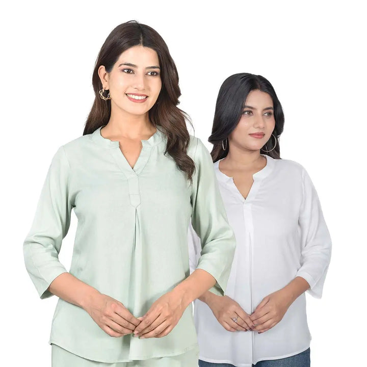 Viscose Pleated Top Combo – Pista Green & White