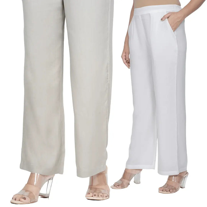Viscose Palazzo Pants Combo - Grey & White (Pack of 2)