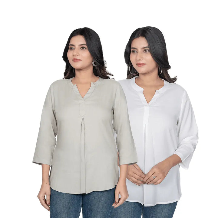 Viscose Pleated Top Combo – Grey & White (Pack of 2)
