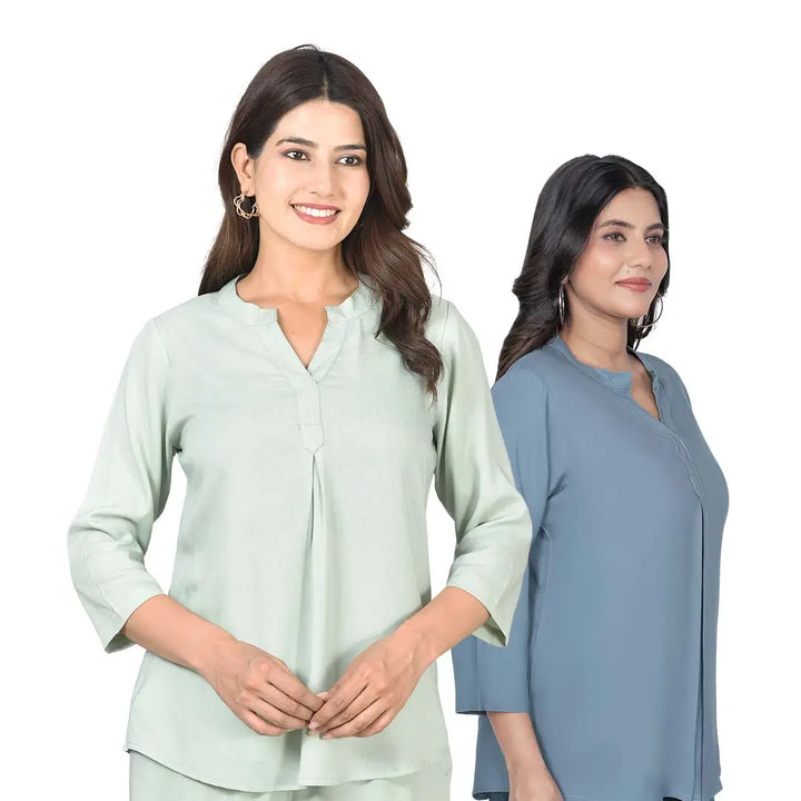 Viscose Pleated Top Combo – Pista Green & Blue Grey