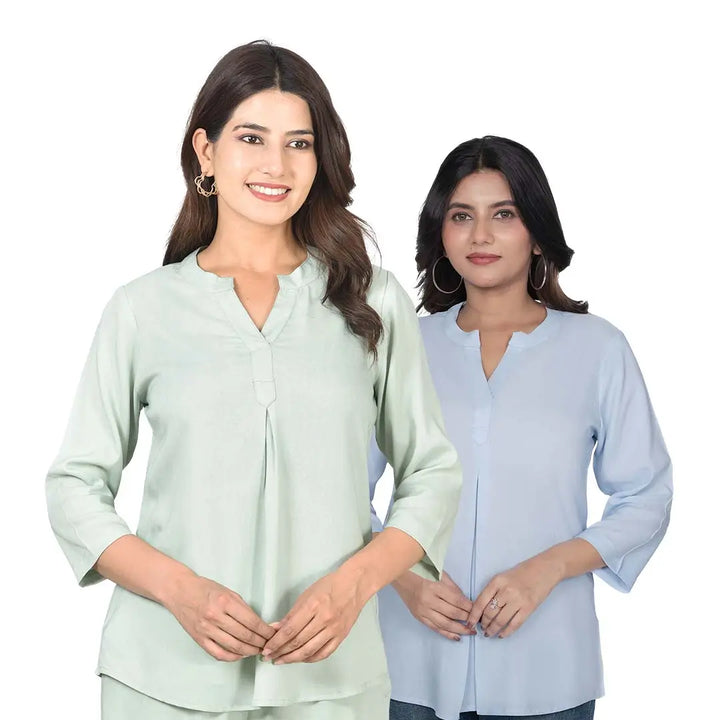 Viscose Pleated Top Combo – Pista Green & Powder Blue