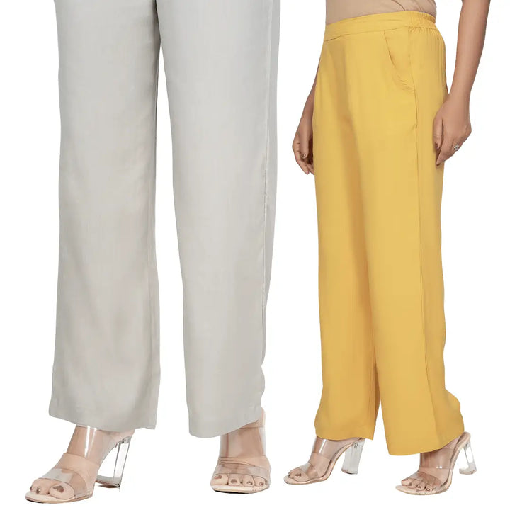 Viscose Palazzo Pants Combo - Grey & Mustard (Pack of 2)