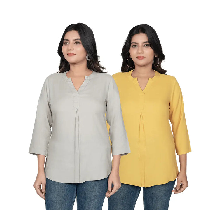 Viscose Pleated Top Combo – Grey & Mustard (Pack of 2)