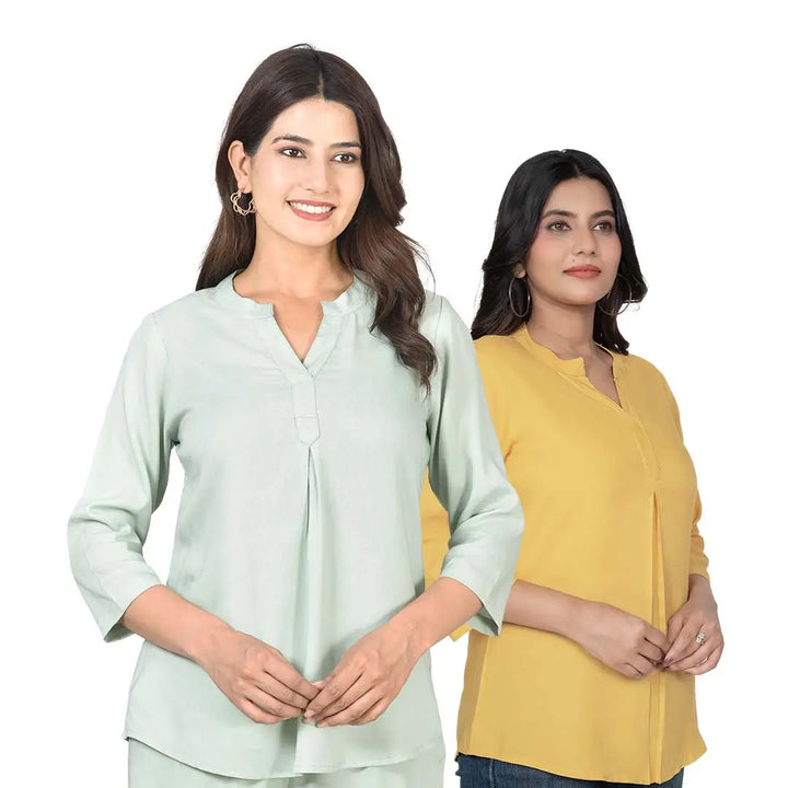 Viscose Pleated Top Combo – Pista Green & Mustard