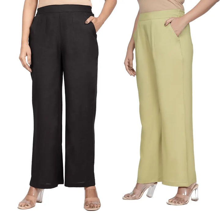 Viscose Palazzo Pants Combo - Black & Olive Green (Pack of 2)