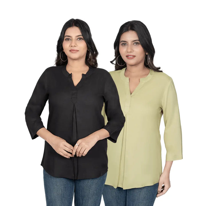Viscose Pleated Top Combo – Black & Olive Green (Pack of 2)