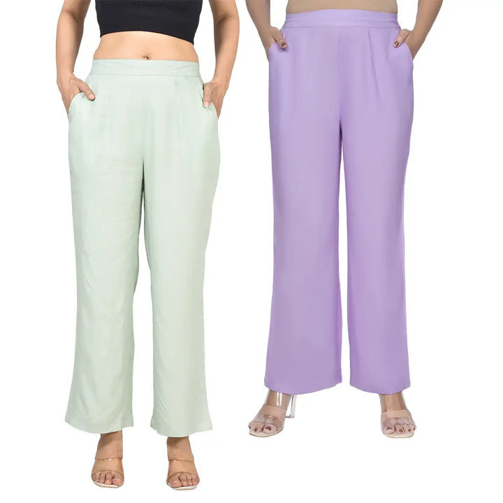 Viscose Palazzo Pants Combo - Pista Green & Lavender